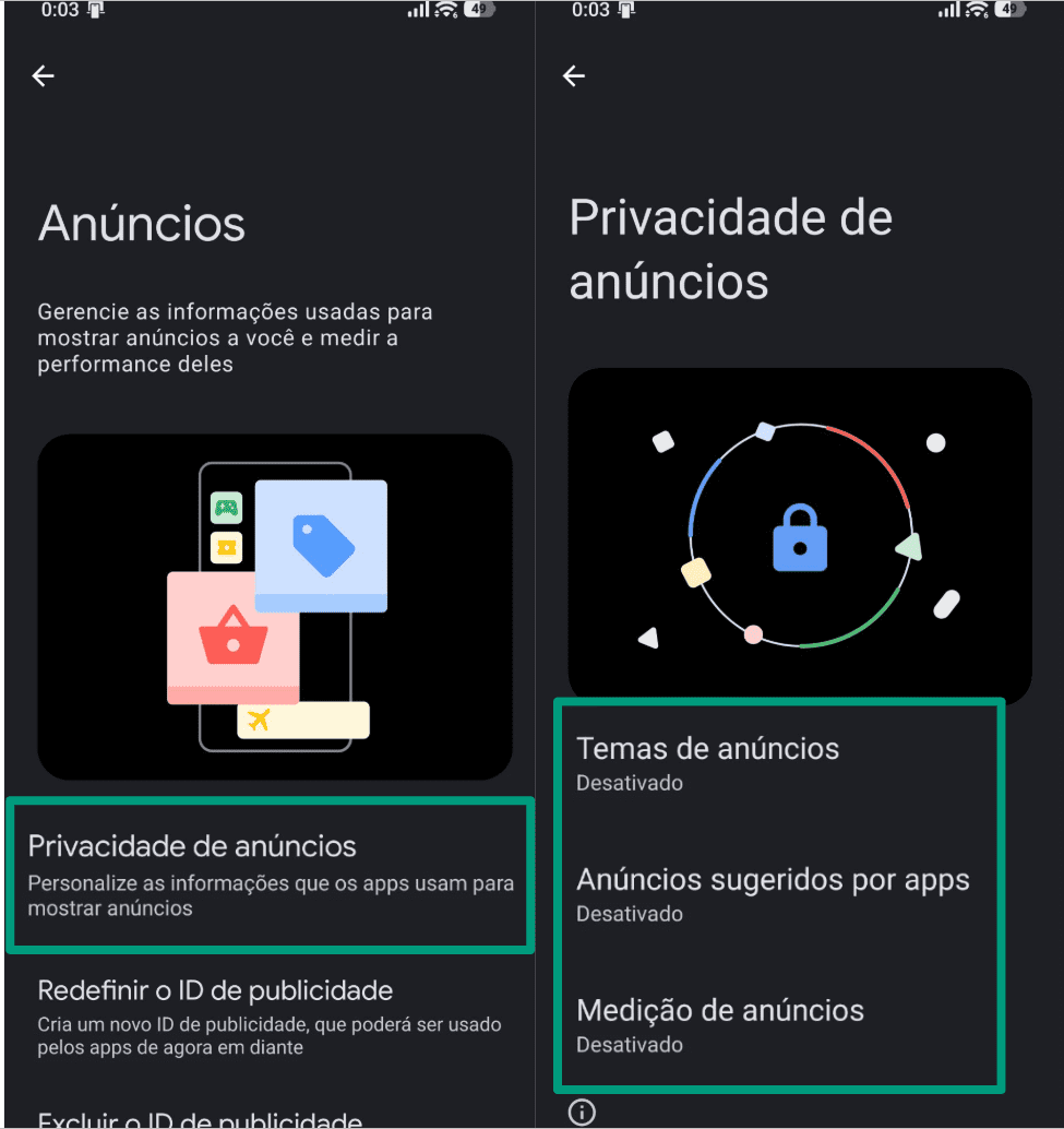 Two Android screenshots. The left screenshot shows the Settings menu with “Ads” selected and “Ad privacy” highlighted. The right screenshot displays the “Ad privacy” page, where the options for “Ad topics,” “App-suggested ads,” and “Ad measurement” are all switched off.