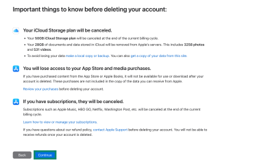 Apple's list of important things to know before deleting your Apple ID. The "Continue" button is highlighted.
