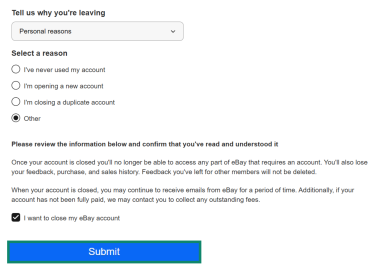 The eBay account closure webpage. The "Submit" button is enlarged and highlighted.