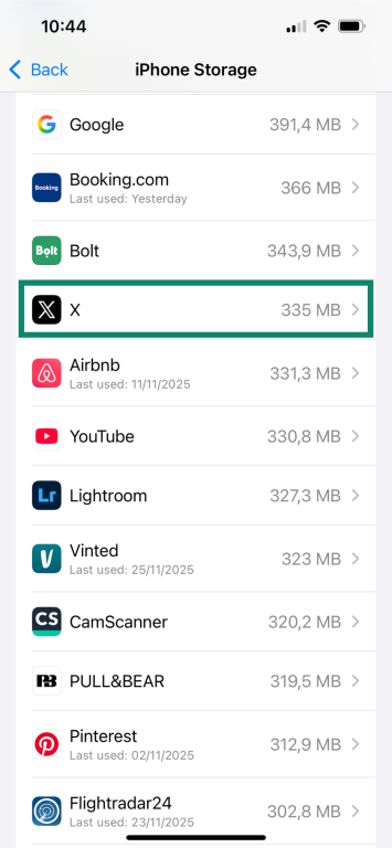 The "X" app highlighted from a list of apps under iPhone Storage on iPhone.