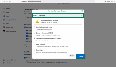 Firefox Clear browsing data and cookies window with Temporary cached files and pages selected and Clear button highlighted.