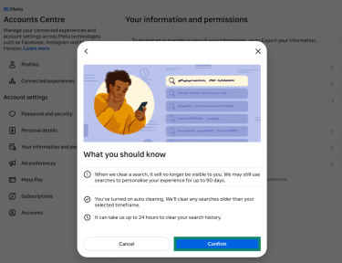 The "What you should know" window for the auto-clearing settings on the Facebook Accounts Center page. The "Confirm" button is highlighted.