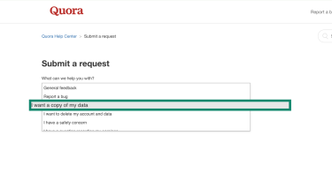 Data request option on Quora contact page.