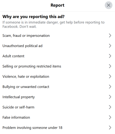 A screenshot of the list of possible reasons users can select when reporting an inappropriate or unwanted Facebook ad.