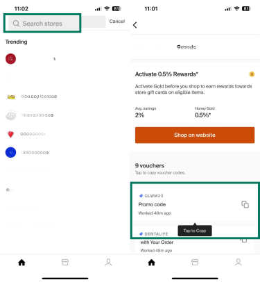 screenshots from Honey's mobile app showing a search for a store and copying a promo code.