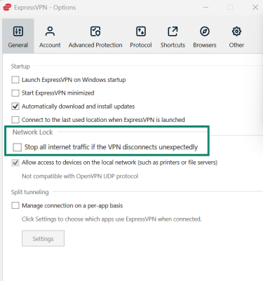 ExpressVPN Options General tab with Network Lock kill switch option unchecked.