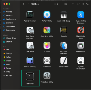 Mac Utilities with Terminal highlighted.