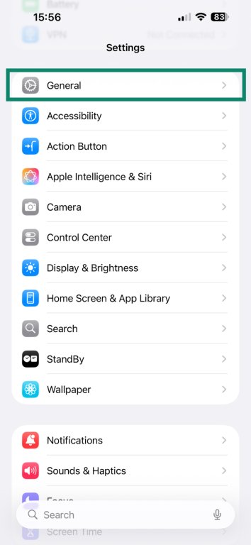 Accessing the General settings on iOS' Settings app.