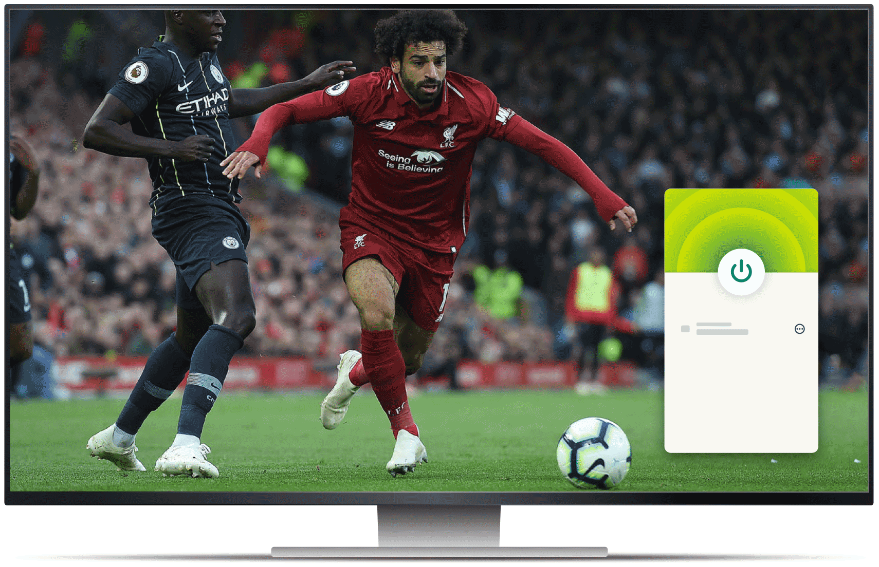 Desktopscherm met beIN Sports voetbal stream en VPN app.