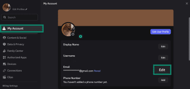 Editing an email address on Discord.