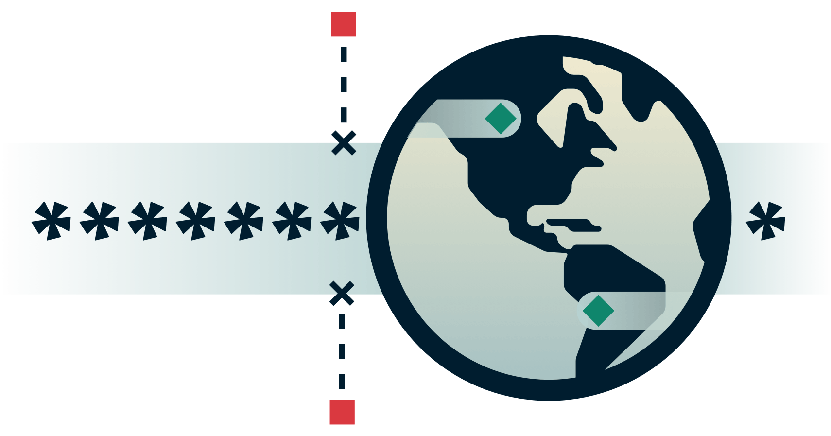 Globe med krypteret tunnel og eksterne parter, der forsøger at komme ind.