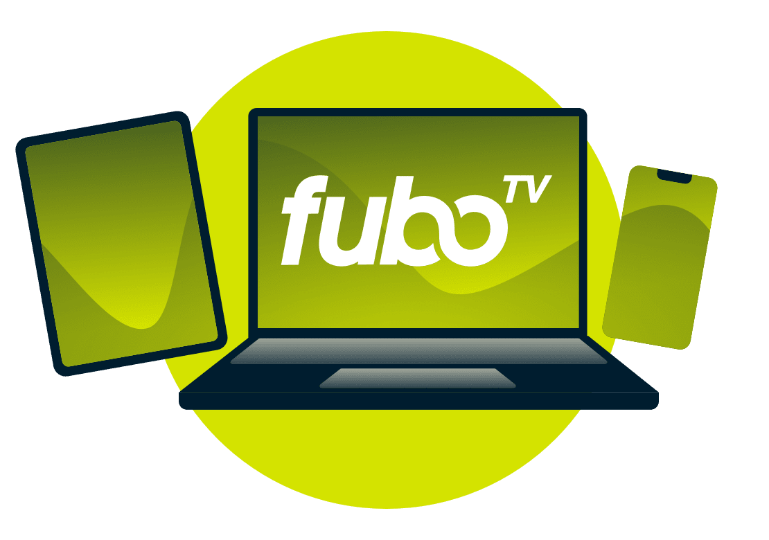 FuboTV 로고가 있는 노트북, 태블릿, 휴대폰입니다.