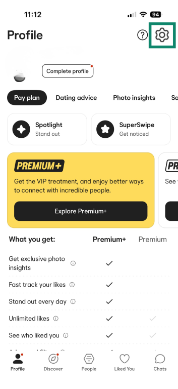 Bumble Profile screen with the Settings gear icon highlighted in the top right.