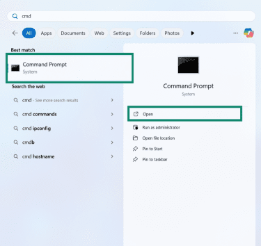 Search CMD and open the Command Prompt on Windows.