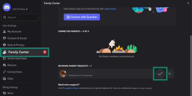 Finding a connection request to set up parental controls on Discord.