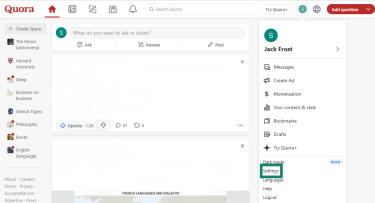The Quora user menu is open and the Setting option is highlighted.