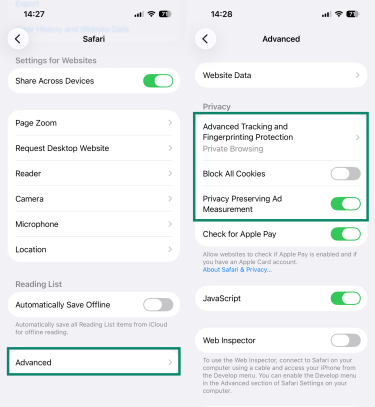 "Advanced" option for Safari highlighted, alongside Privacy settings.