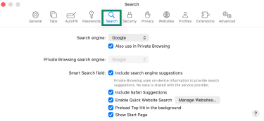 Search tab in Safari settings.