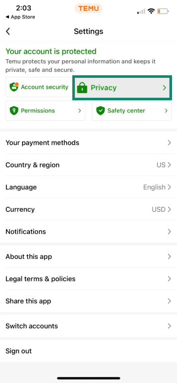 Go to Settings and select Privacy