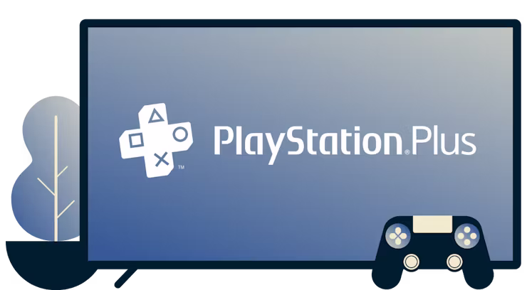 Screen with PlayStation Plus logo, controller, and a plant.