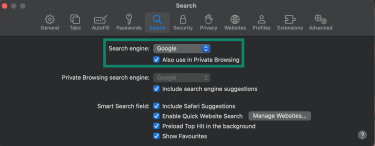 Clicking on the Search engine shows different search engines available.