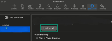 Safari Extension with Uninstall highlighted.