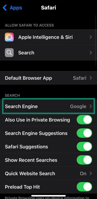 iOS settings screen with Safari Search Engine preference highlighted.