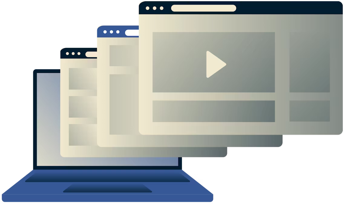 Odblokuj wideo, muzykę, sport i media społecznościowe. Laptop przedstawiający kilka okien przeglądarki.