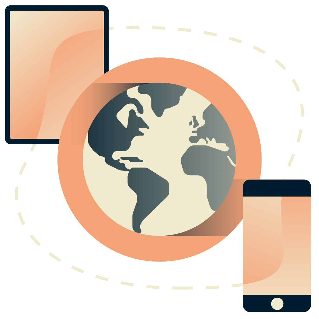 전 세계를 둘러싼 태블릿과 전화.