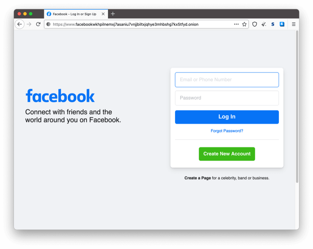 Facebookのダークウェブ上のオニオンサイト
