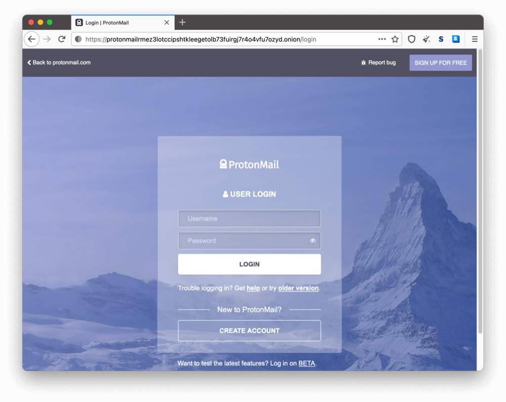 ProtonMailのダークウェブ上のオニオンサイト