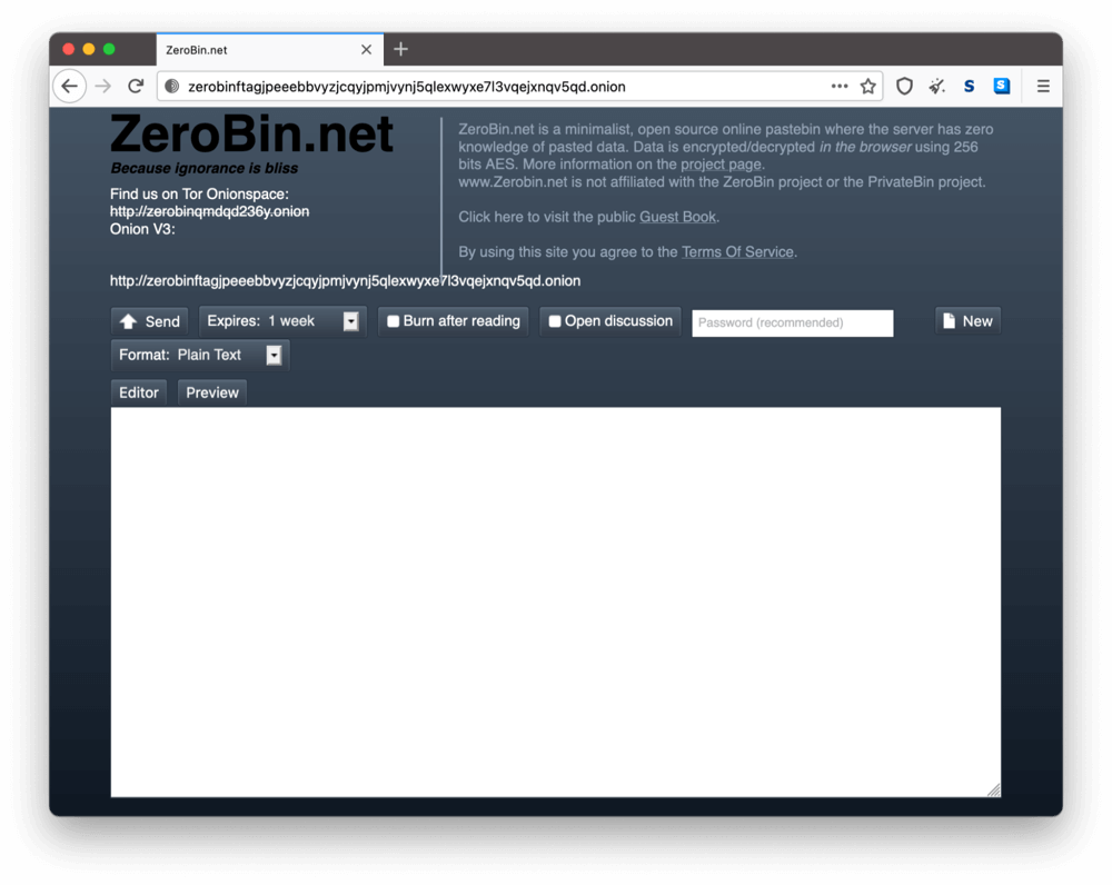 ZeroBinのダークウェブ上のオニオンサイト