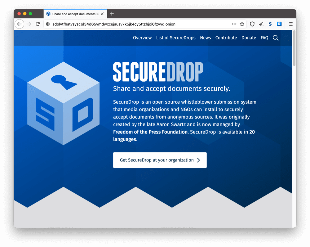 SecureDropのダークウェブ上のオニオンサイト