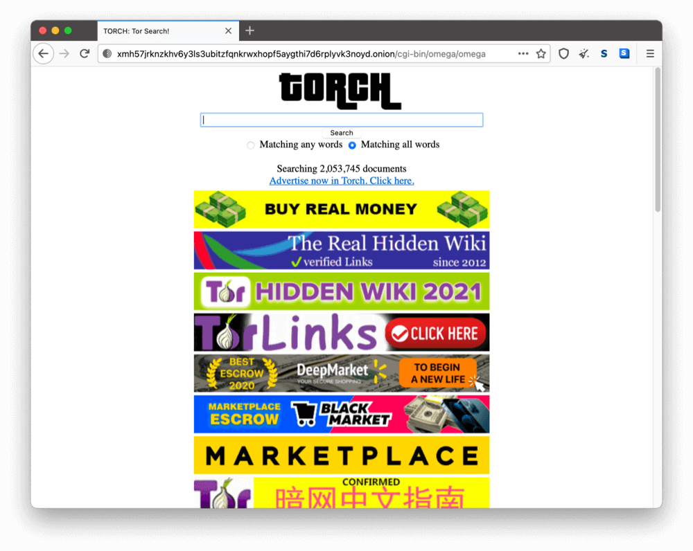 Torchのダークウェブ上のオニオンサイト