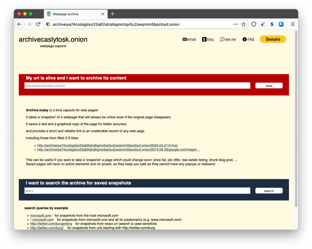 Archive Todayのダークウェブ上のオニオンサイト