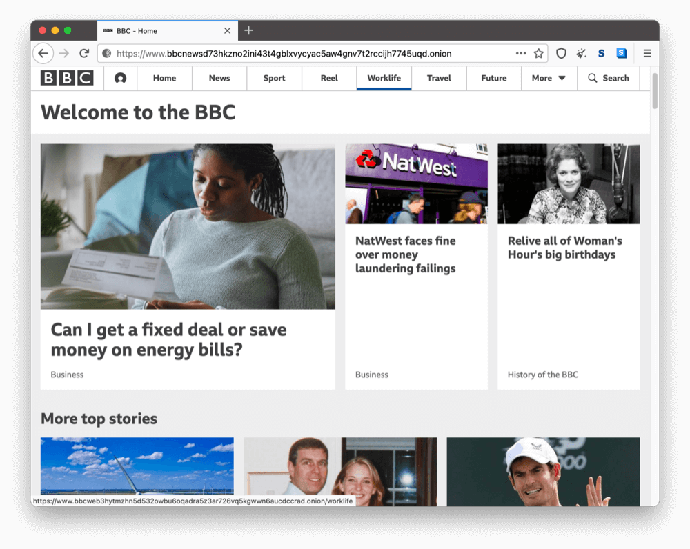 BBCのダークウェブ上のオニオンサイト