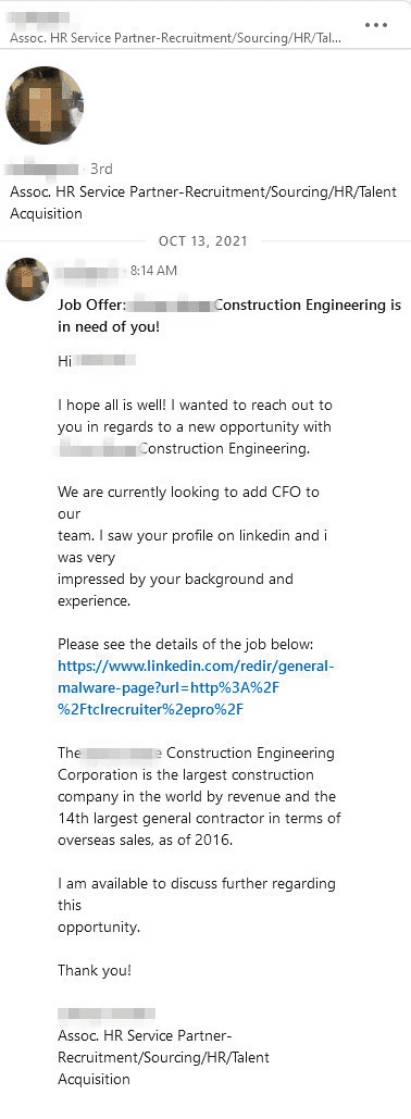 Pas op voor LinkedIn-fraude! Er kan een nepvacature opduiken van een écht bedrijf, met een verdachte link waarin het woord "malware" voorkomt.