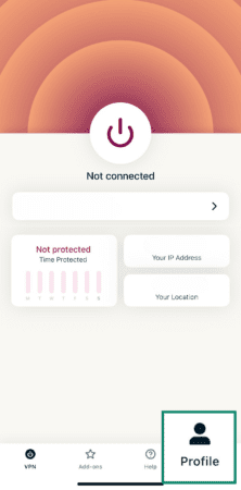 ExpressVPN home screen showing disconnected status and Profile tab.
