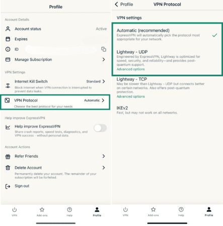 On the left: ExpressVPN profile settings showing account status, VPN protocol, and account actions; on the right: VPN Protocol settings screen with Automatic selected and Lightway protocol options displayed.