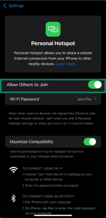 iPhone Personal Hotspot settings screen with Allow Others to Join toggle enabled