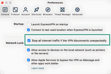 ExpressVPN iOS app showing the ‘Preferences’ screen, with the toggle switch for ‘Stop all internet traffic if the VPN disconnects unexpectedly’ in the ‘on’ position, activating the network lock.