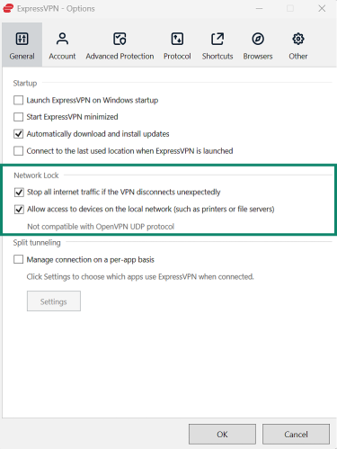 ExpressVPN settings showing the checkbox for ‘Stop all internet traffic if the VPN disconnects unexpectedly’ being ticked, activating the network lock feature.