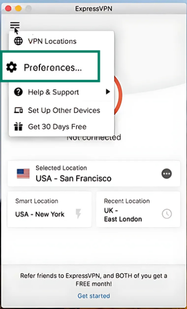 ExpressVPN application on macOS, with the ‘ExpressVPN’ menu in the top menu bar expanded and ‘Preferences’ highlighted.