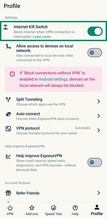 ExpressVPN Android app interface displaying the Profile tab with Internet Kill Switch toggled on.