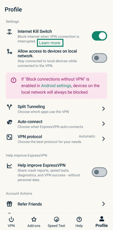 ExpressVPN Android app interface displaying the Profile tab with Internet Kill Switch toggled on and Learn more highlighted.