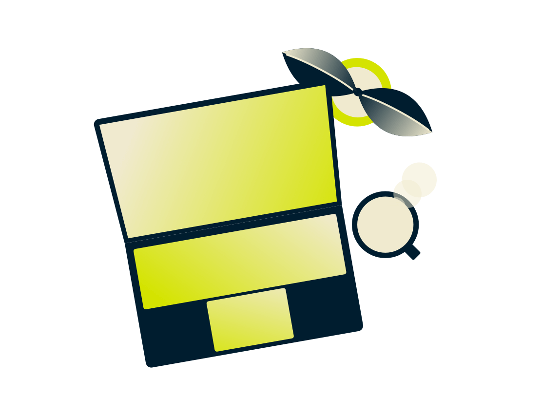 Laptop with a plant and drink.