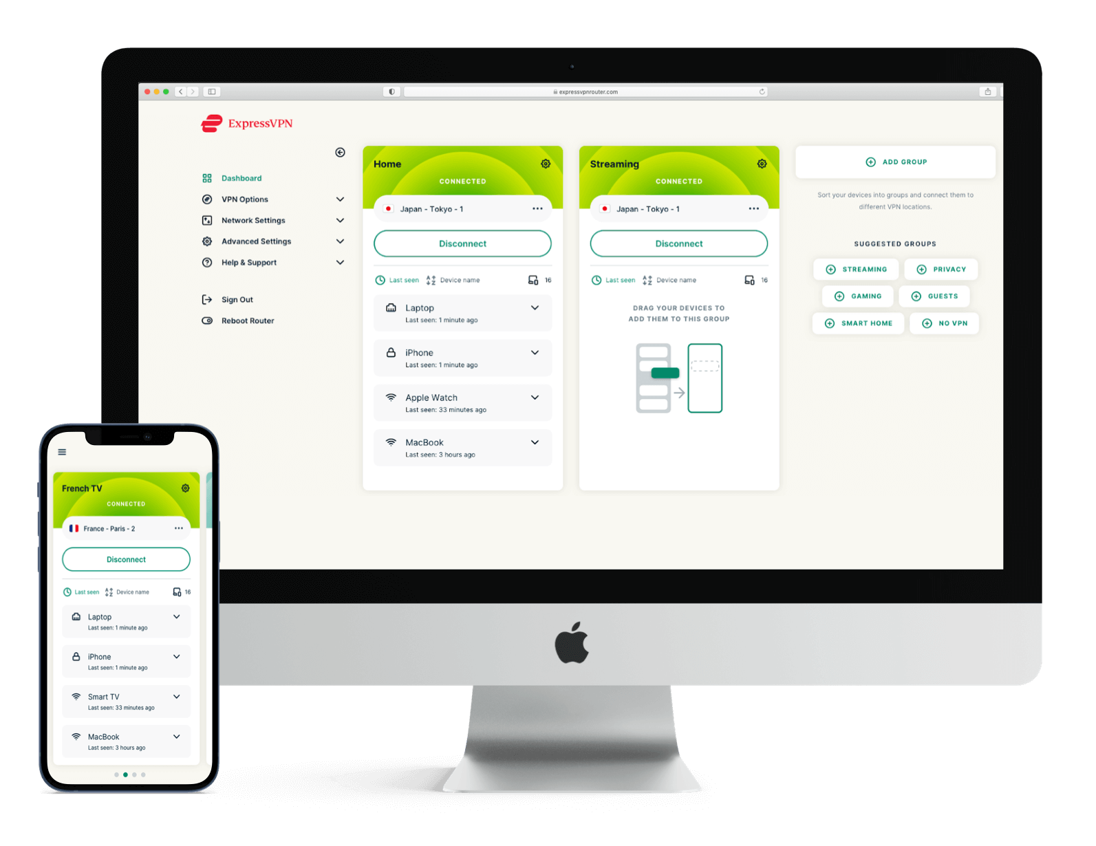 Plusieurs écrans avec l'interface utilisateur d'ExpressVPN.