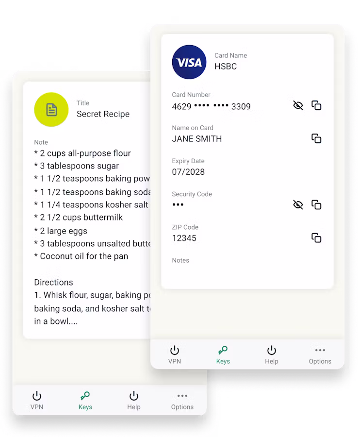 Secure notes and credit cards in Keys.